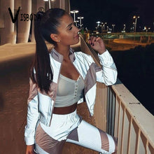 Load image into Gallery viewer, Women Tracksuits 2 Piece Set Reflective Zip Crop Top Pants Windbreaker Fashion Female Loose Glow Jacket Coat Trousers Plus Size